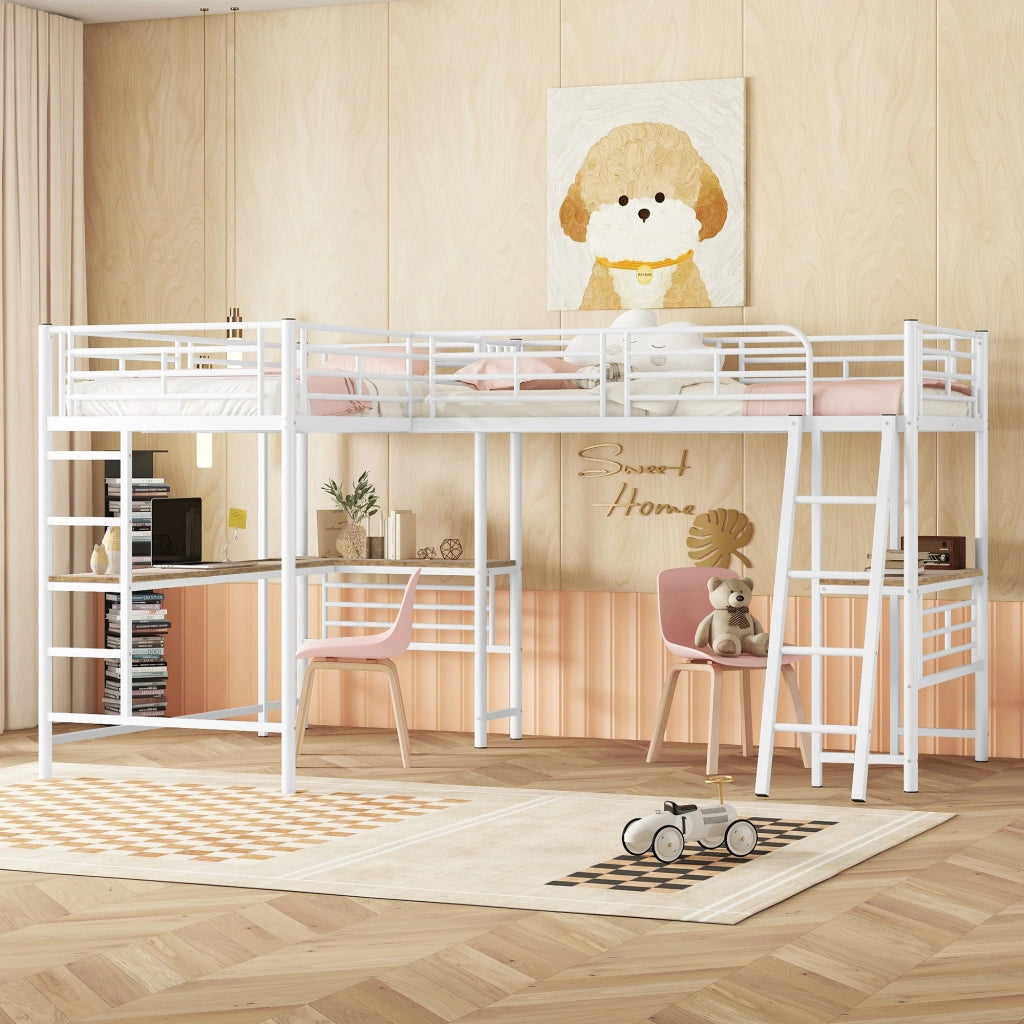 Letto a castello bianco con funzione scrivania in MDF e metallo 90x200 cm