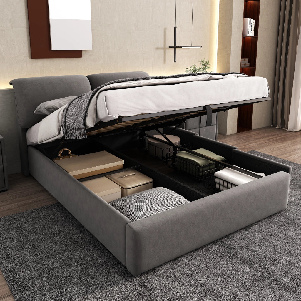 Letto imbottito 140x200 in velluto grigio con 3 cassetti, contenitore idraulico, rete a doghe e testiera regolabile