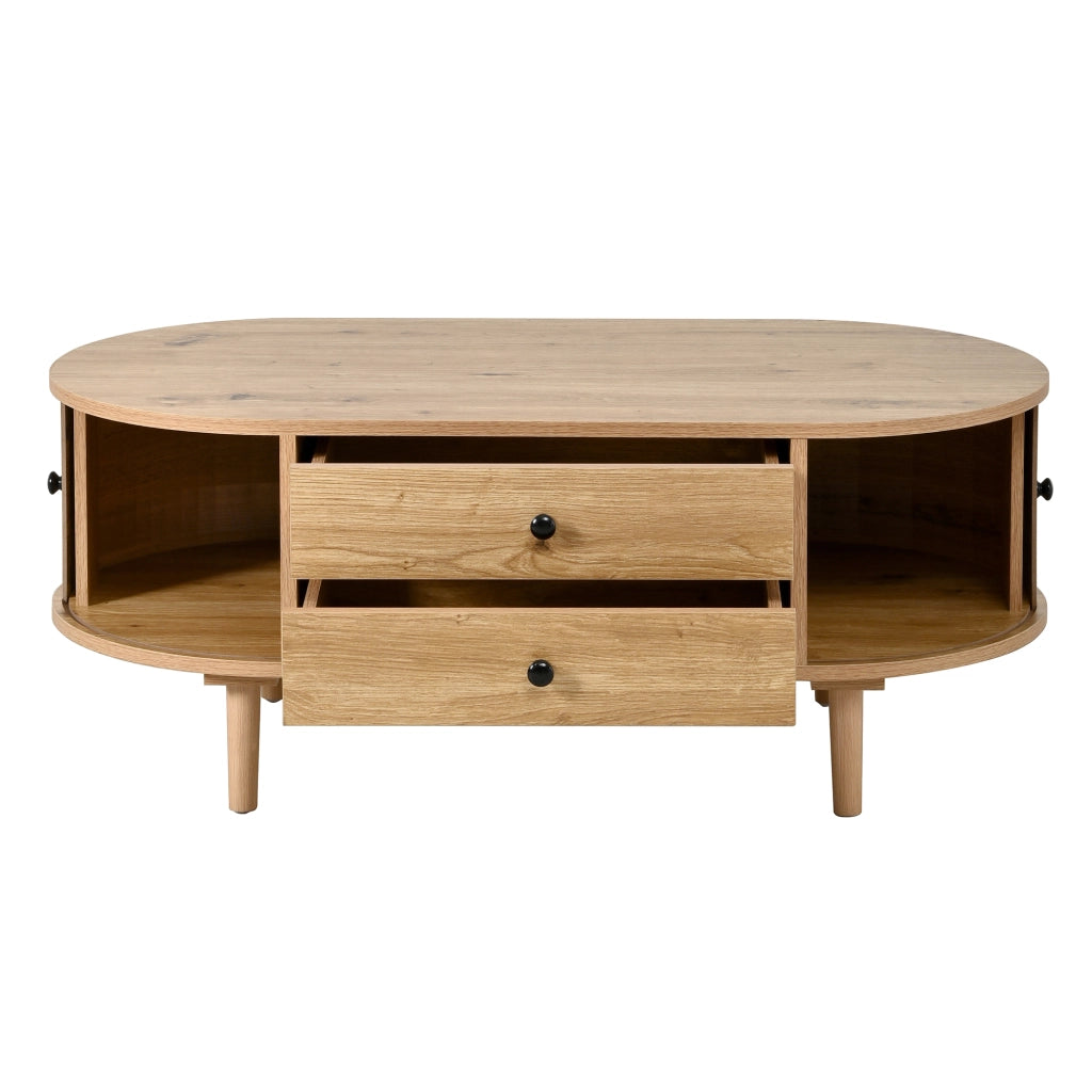Tavolino ovale, finitura effetto legno, ante scorrevoli, 2 cassetti, in MDF, color legno naturale