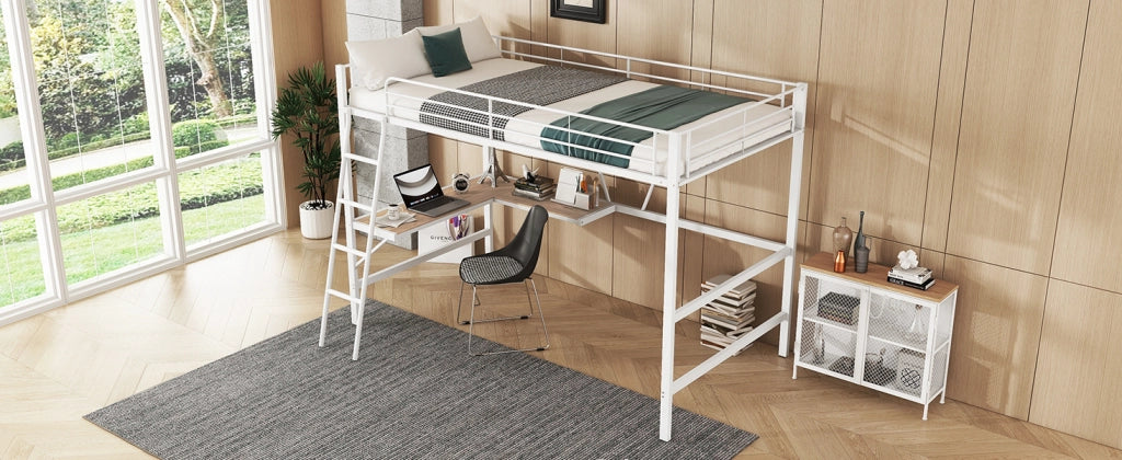 DESMIU Letto a soppalco 1 posto con scrivania a L e scaffale, 90 × 200 cm, senza materasso, metallo bianco