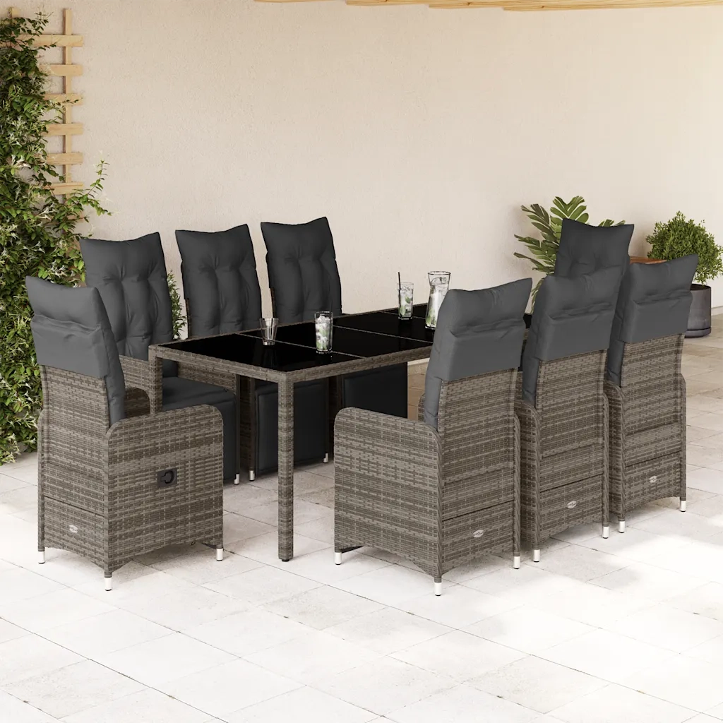 Set BistrÃ² da Giardino 9 pz con Cuscini in Polyrattan Grigio