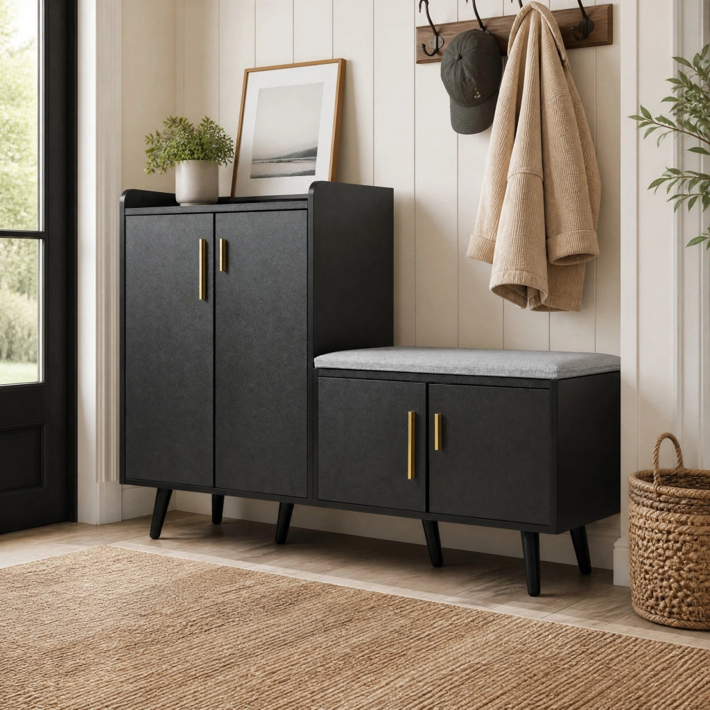 Scarpiera con seduta imbottita 120x34x82 cm in truciolare e metallo; nero e noce scuro