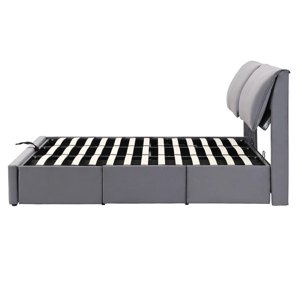 Letto Contenitore Imbottito con Testiera ¨C Xylo ¨C Velluto Grigio 180x200 con Cassetti e Rete a Doghe