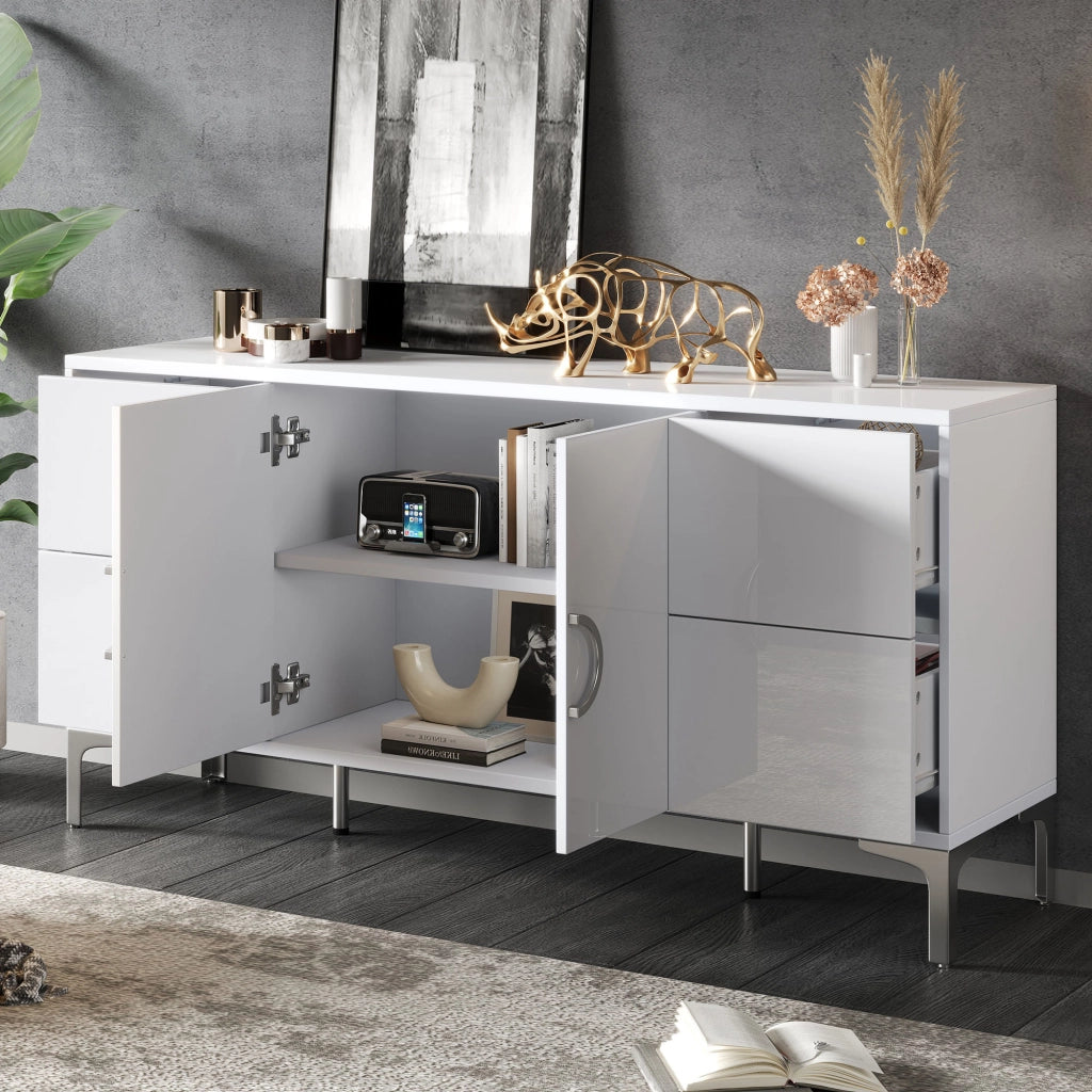 Credenza con 4 cassetti e 2 ante - per soggiorno - in MDF - 150x38x59.5 cm - bianco
