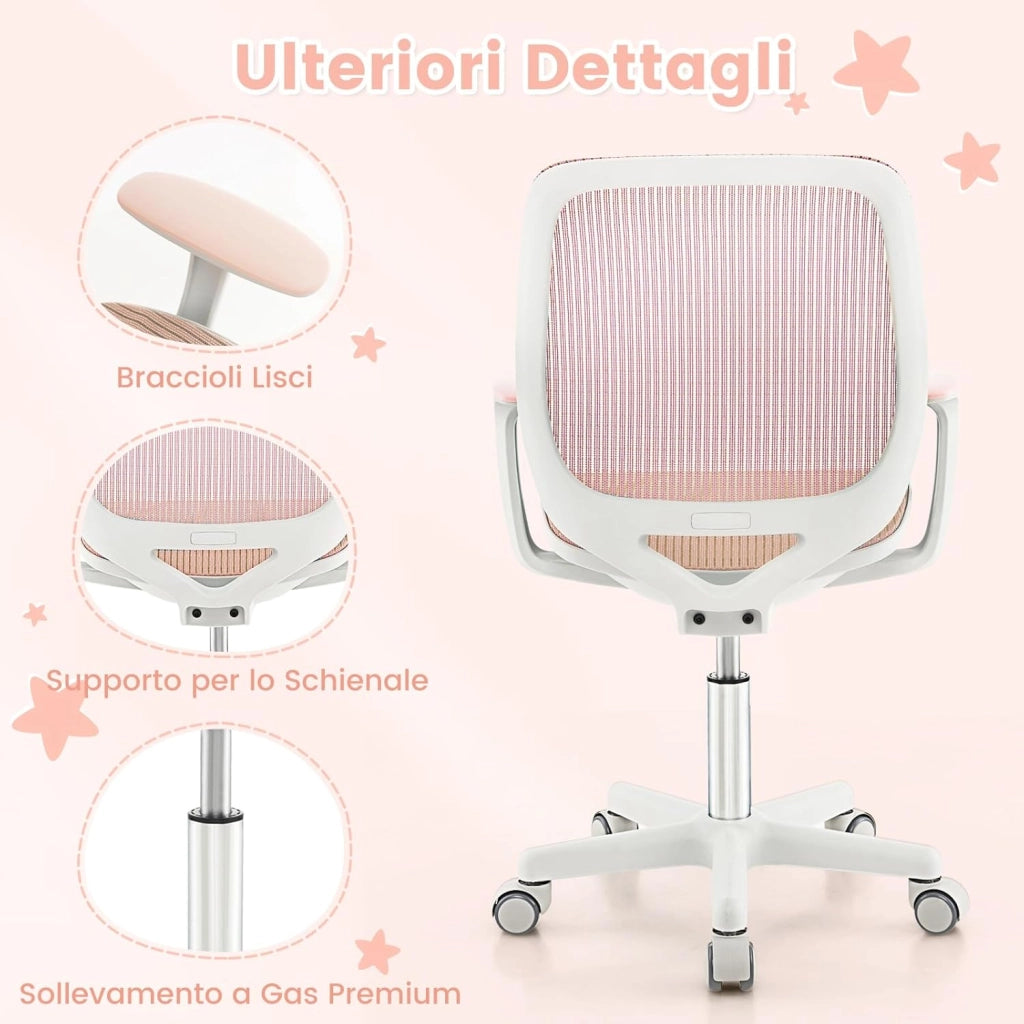 Sedia da Scrivania per Bambini, Sedia Girevole per Computer con Altezza Regolabile, Ruote con Freno, Braccioli Morbidi, Sedia Ergonomica per Bambini 6-15 Anni (Rosa)