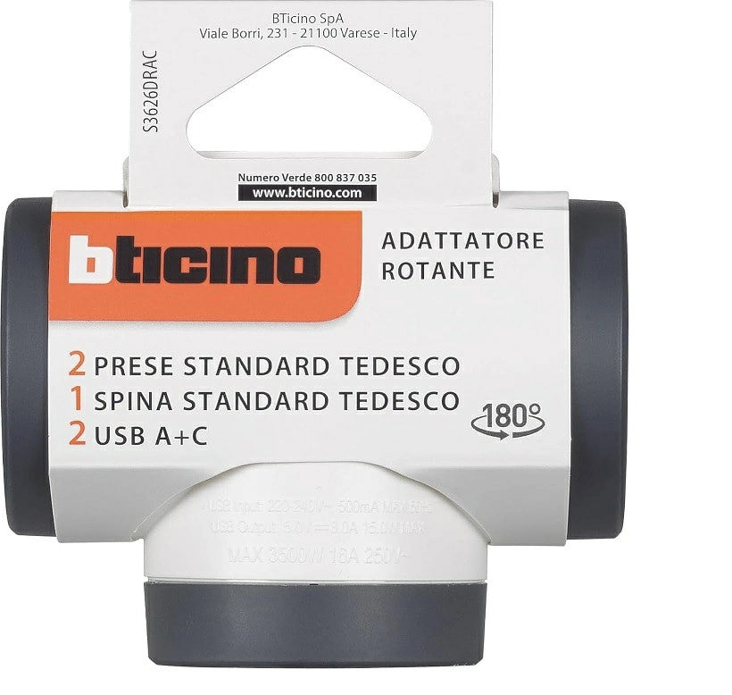 ADATTATORE 2 PRESE + SPINA STD TED +USB CORPO ROTANTE - BTICINO