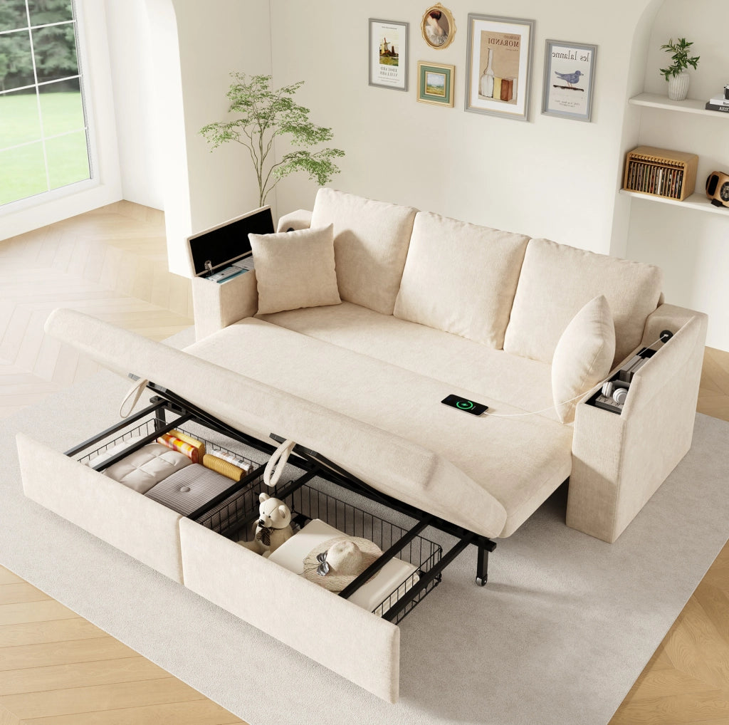 Divano 3 posti trasformabile con letto estraibile 210;5x192 cm; chenille beige