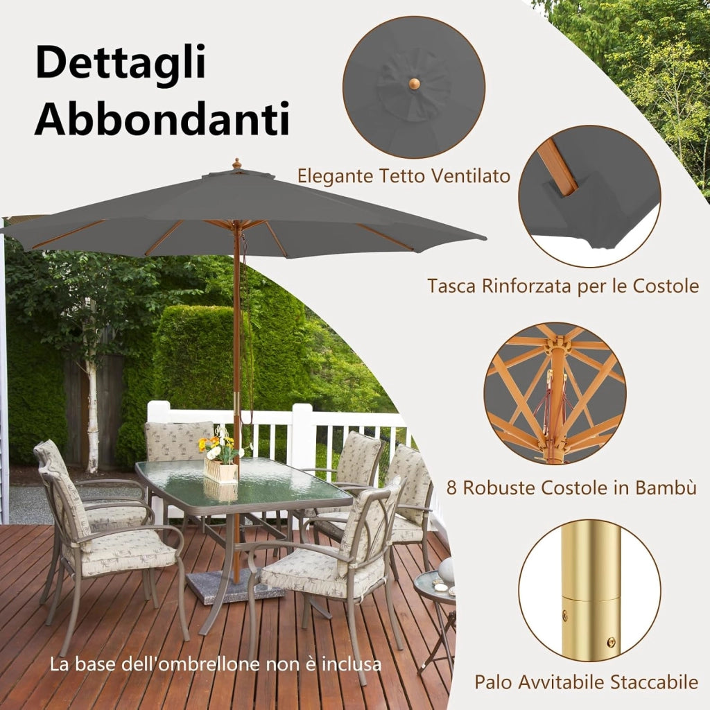 Ombrellone da Giardino 300 x 300 cm, Ombrellone Pieghevole con 8 Stecche di Bambù, 3 Altezze Regolabili, Ombrellone da Parasole Impermeabile, per Giardino Cortile Piscina (Grigio)