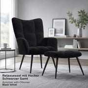 Reclining Armchair With Footstool, Black Velvet