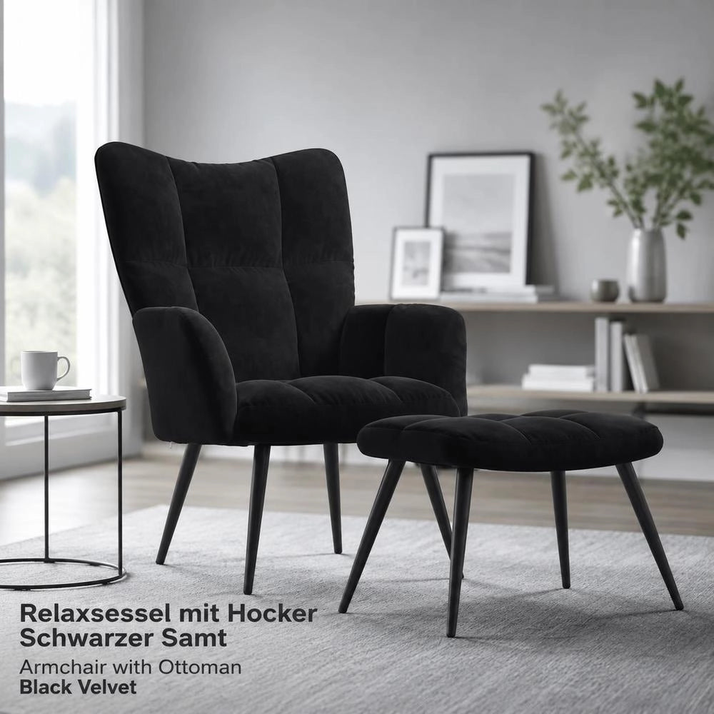 Reclining Armchair With Footstool, Black Velvet
