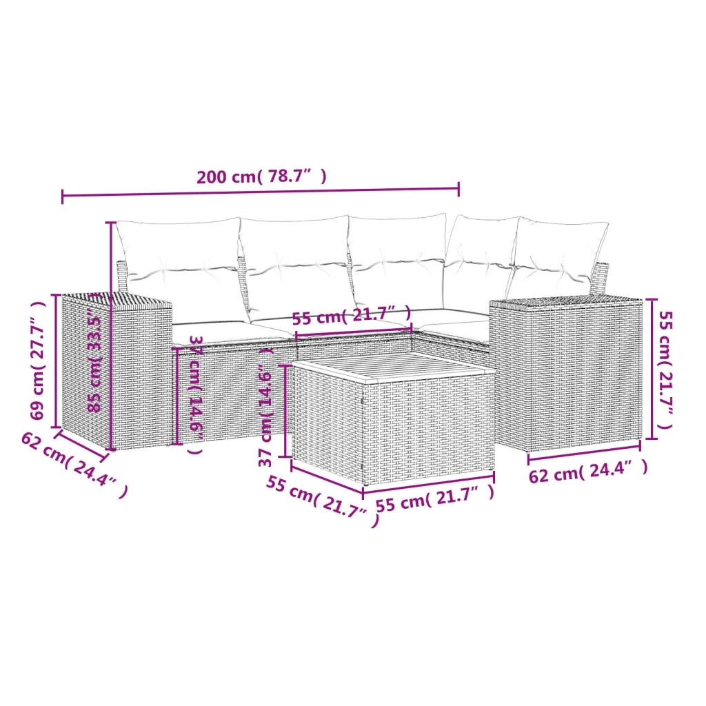 Set Divano da Giardino 5 pz con Cuscini Beige in Polyrattan