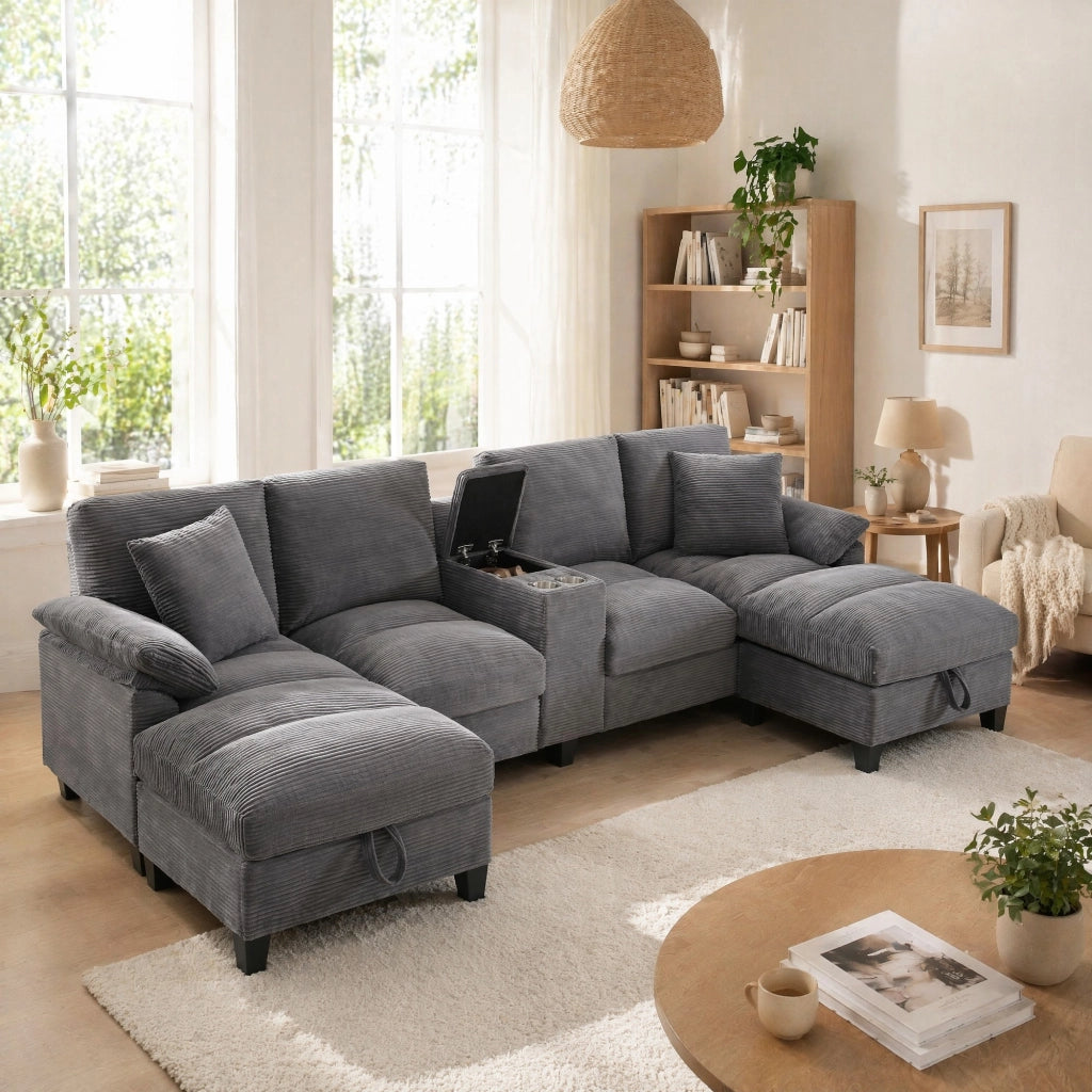 DIVANO U 293x142x93 cm grigio in velluto a coste 4-5 posti