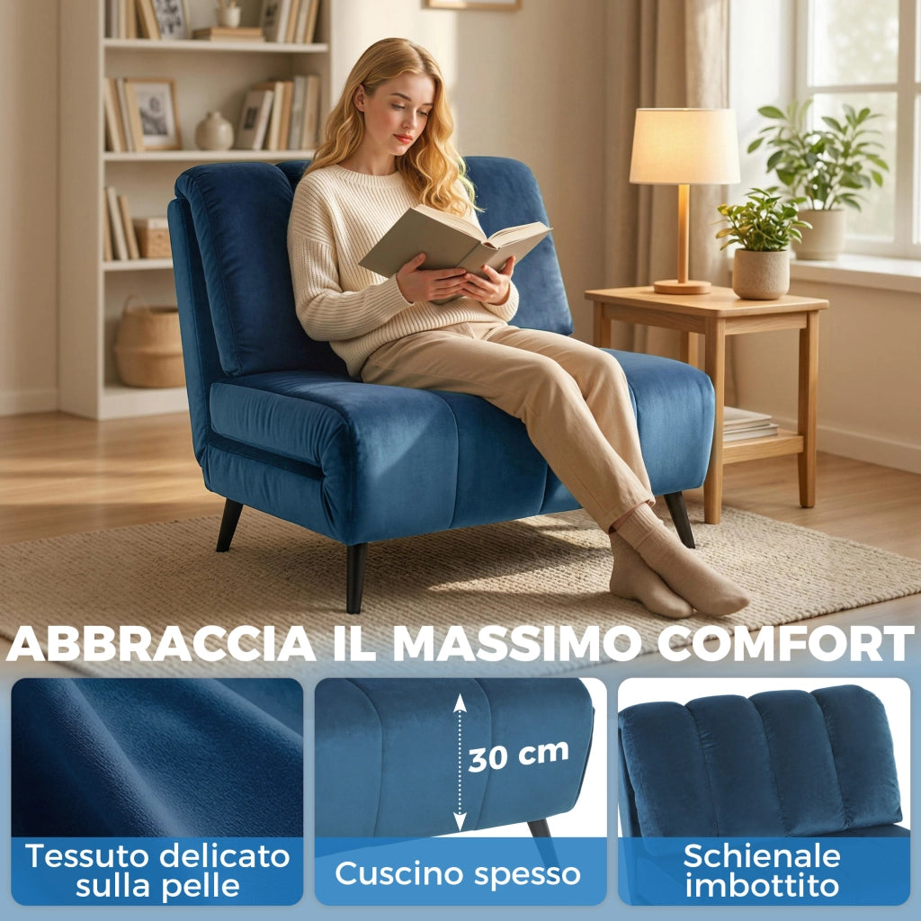 Poltrona Letto Pieghevole 88x92x88 cm Trasformabile con Schienale Regolabile in Velluto Blu