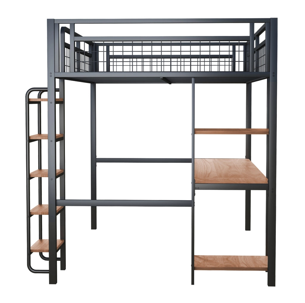 Letto a castello 140x200 cm con scrivania e ripiani; scala di sicurezza; metallo nero