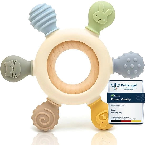 Giocattolo per Bambini in Legno - Rammella con Motivo Animale - BPA Libero - Giocattolo per Bambini con Funzione di Stimolazione della Motoria Finissima