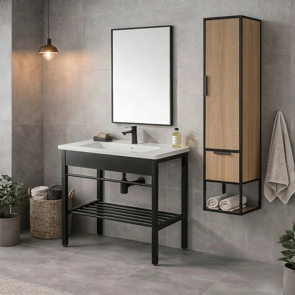Mobile bagno a terra in metallo 60 cm nero opaco con specchio e pensile linea Borg