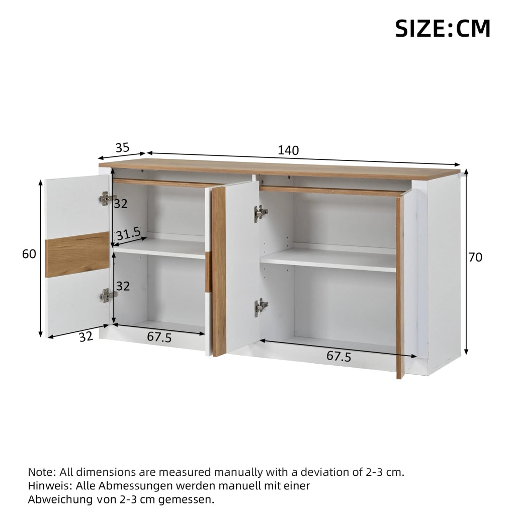 Sideboard 140¡Á35¡Á70 cm in MDF, 4 ante scorrevoli, LED RGB, finitura bianco lucido/effetto legno naturale e ripiani regolabili.