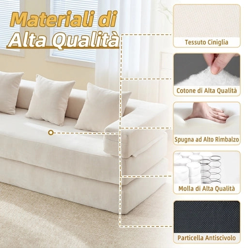 Divano modulare in ciniglia 198 cm beige con tasche laterali e base antiscivolo