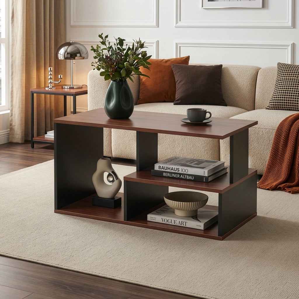 Tavolino da Salotto Trond con 3 Vani Aperti 80 x 40 x 42 cm - Nero/Effetto Noce [en.casa]