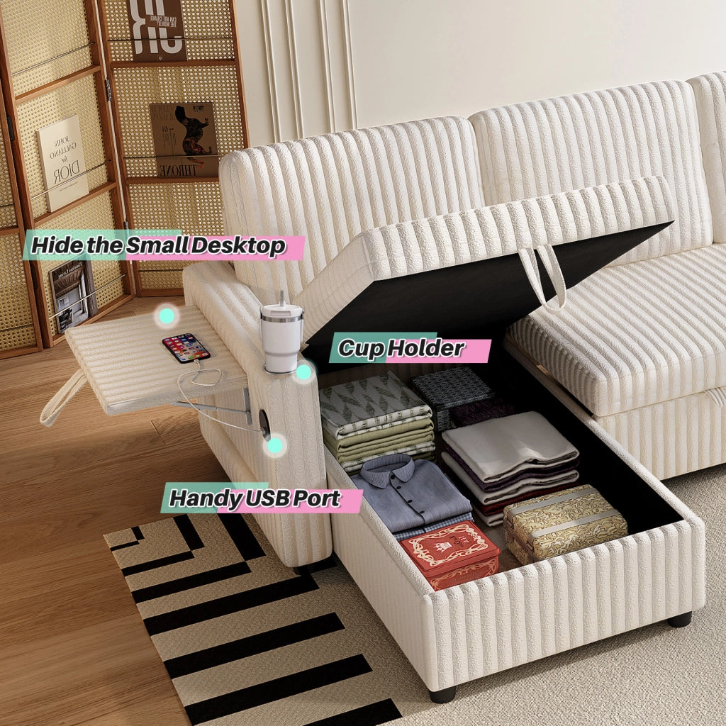 Divano panoramico a U modulare con funzione letto; contenitore; USB e portabicchieri in velluto a coste beige