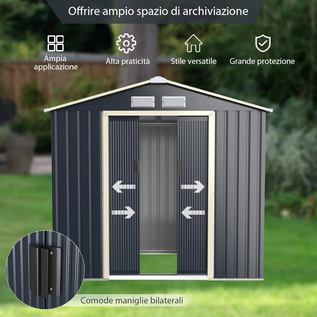 Casetta da Giardino Porta Attrezzi in Lamiera Acciaio Zincato 2,38 M2, Capanno da Esterno con Tettoia, Sfilati e Ante Scorrevoli, Adatto a Cortile, Giardino e Fattoria (203 x 117 x 195 cm)