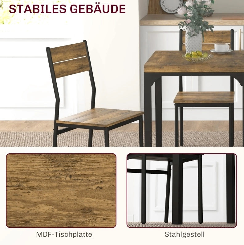 Set da pranzo 3 pezzi con tavolo e 2 sedie in MDF e metallo marrone