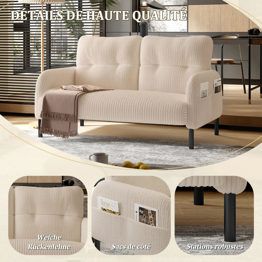 Divano a 2 posti in cord beige con tasca laterale schienale e braccioli gambe in metallo 120 × 75 × 79 cm