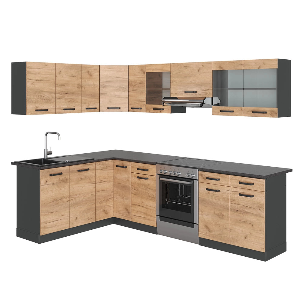 Vicco Cucina ad angolo Antracite/quercia dorata 267 x 167 cm , PL Fantasia nera con striscia LED
