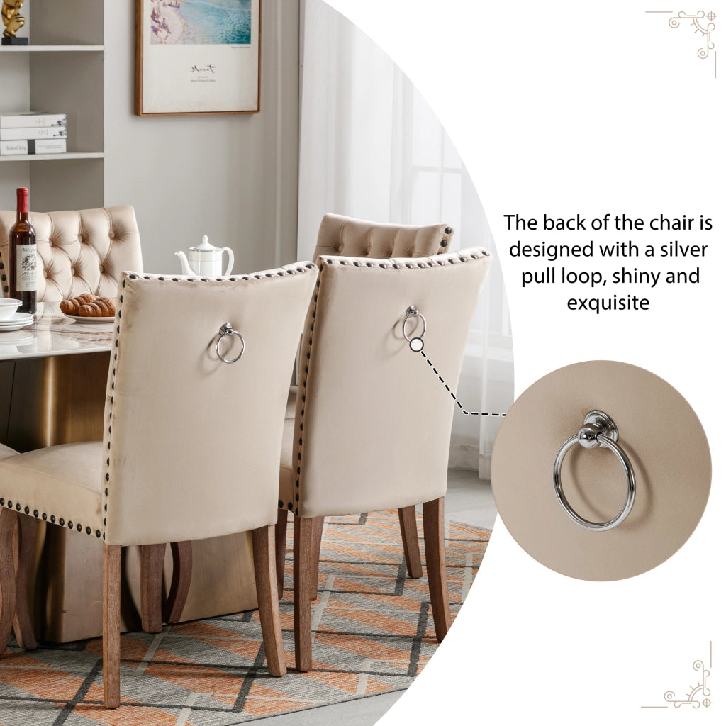 Sedia da pranzo con borchie in rame e schienale decorato in velluto con gambe in legno massiccio beige chiaro