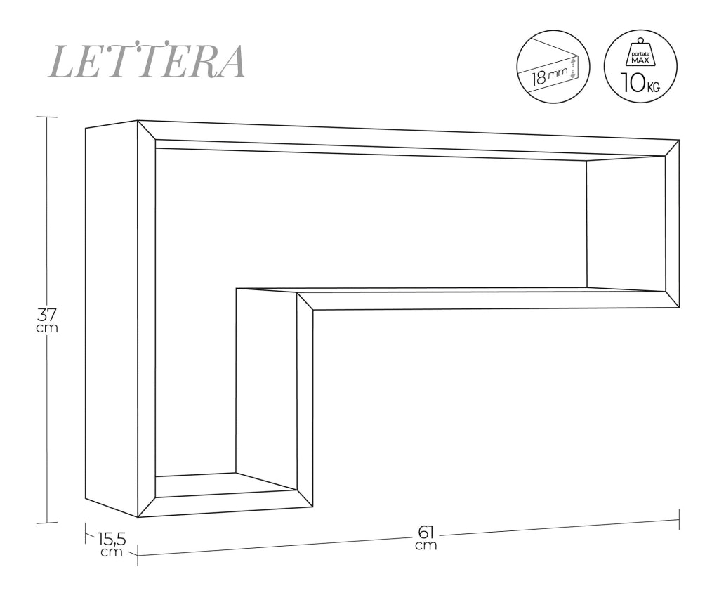 Mensola da Parete a Forma di L 61x37x15,5 cm in Fibra di Legno Lettera Nero