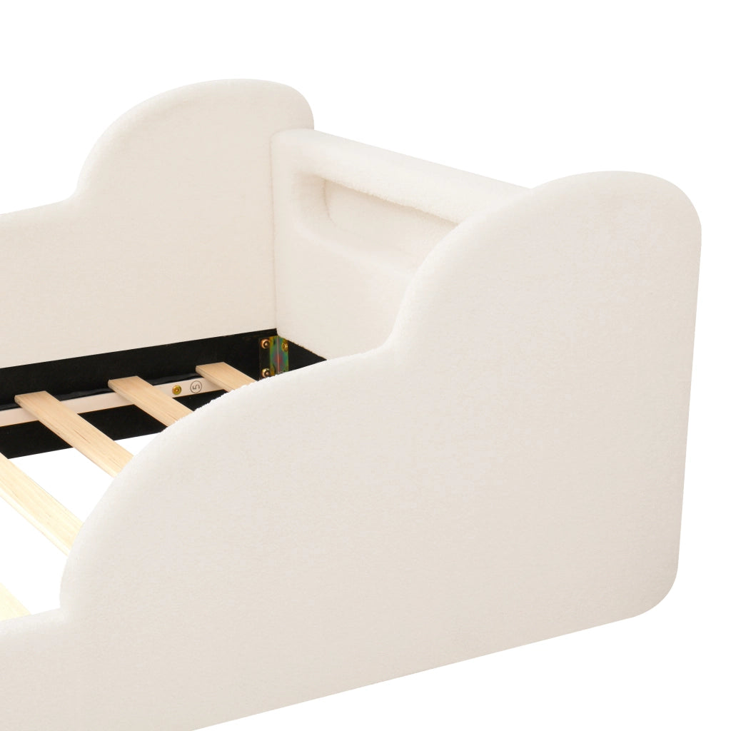 Letto per bambini 90x200 cm in bouclé beige con sponde imbottite, luce notturna, USB e rete inclusa