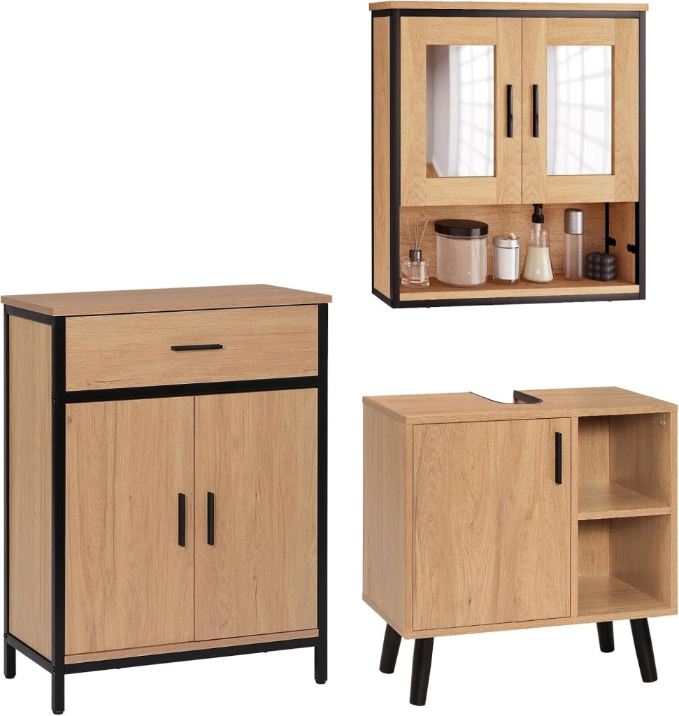 Set di Mobili da Bagno, Armadietto Bagno con Specchio, Mobiletto Sottolavabo da Terra, Armadietto a 2 Ante in Legno e Metallo