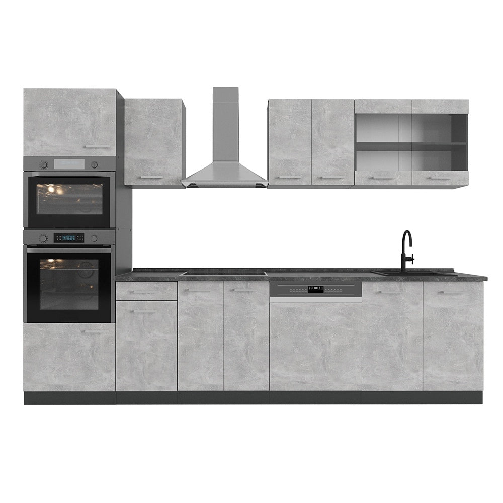 Cucina componibile R-Line Calcestruzzo/Antracite 300 cm con armadio alto, PL Antracite Vicco
