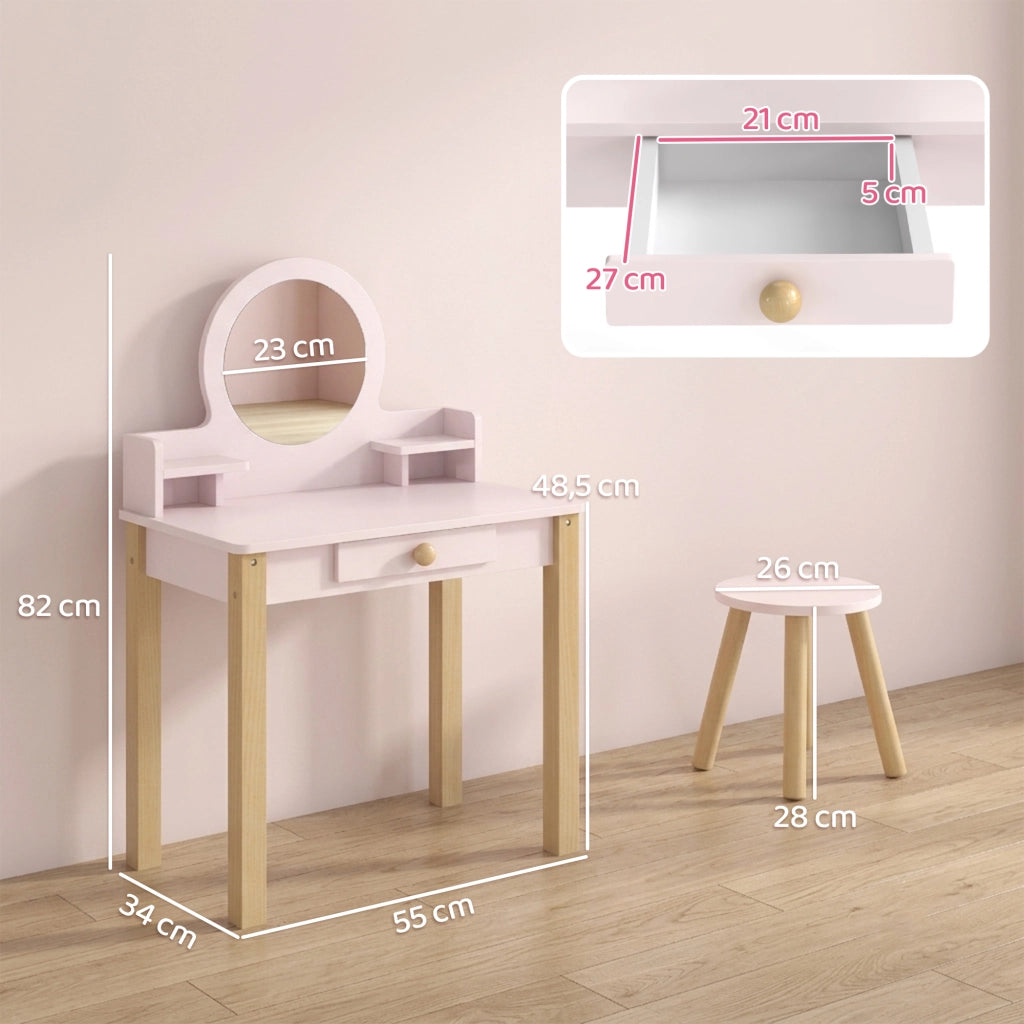 Set Toeletta Trucco per Bambina 55x34x82 cm con Sgabello Specchio e Cassetto in Legno Rosa