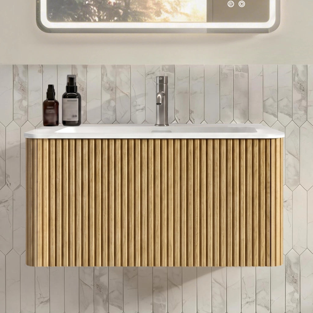 Mobile sottolavabo ULEVR 80 cm con lavabo in solid surface, cassetti push-to-open e finitura rovere