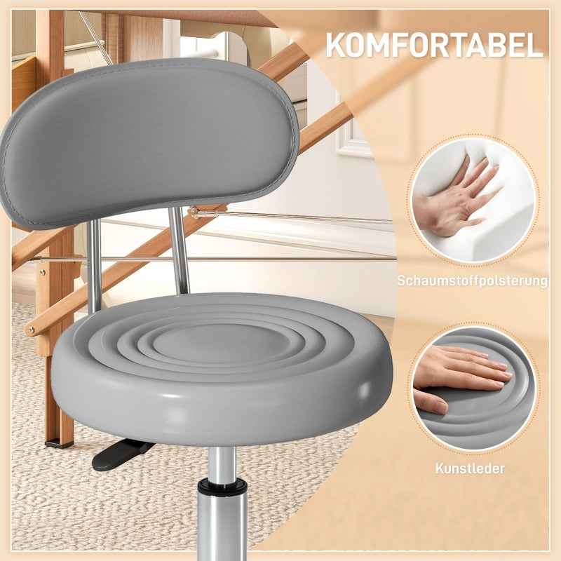 Sgabello con ruote, girevole e regolabile con schienale, rivestimento in similpelle, poggiapiedi, per toelette, grigio