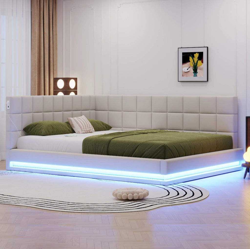Divano letto imbottito 160x200 cm beige con LED e USB