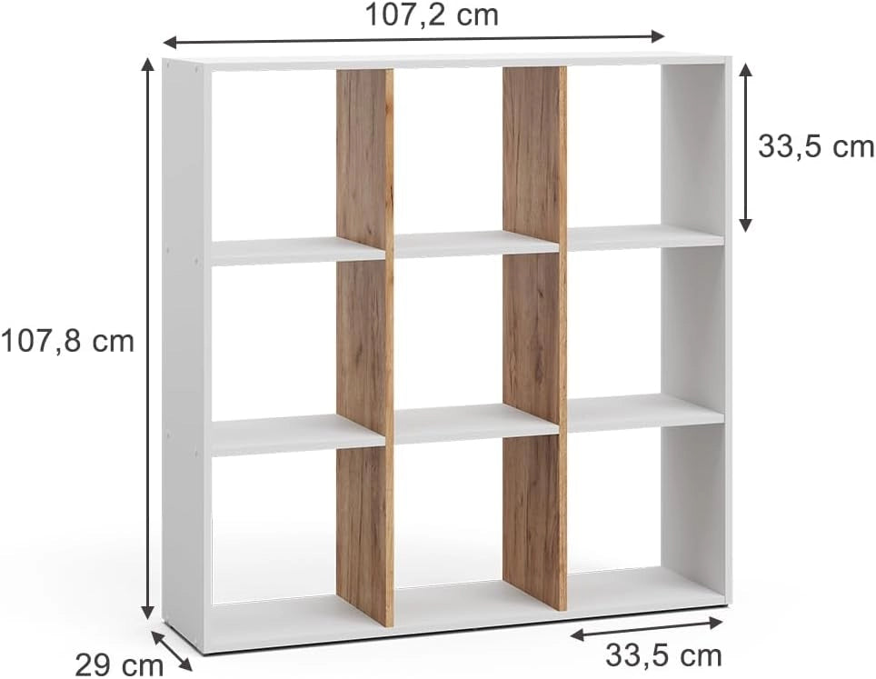 Scaffale Nove, Rovere bianco/dorato, 107.2 x 107.8 cm, per una suddivisione flessibile degli spazi e la conservazione dei libri