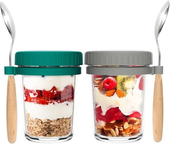 Tazze per Avena da Notte - 350ml - Adatte per Avena e Altri Cereali - Incluso Cucchiaio e Coperchio - 2 Pezzi