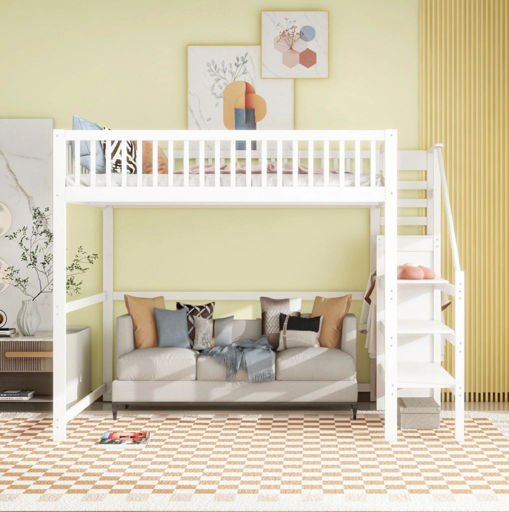 Letto a soppalco 140x200 cm con scala e armadio integrato; bianco