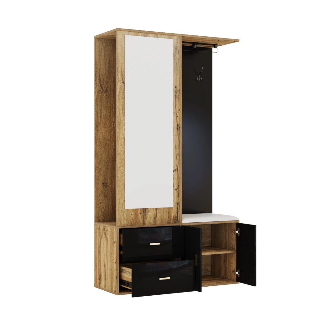 Set mobili da ingresso con specchio, panca portascarpe, scarpiera e appendiabiti, in truciolare nero naturale