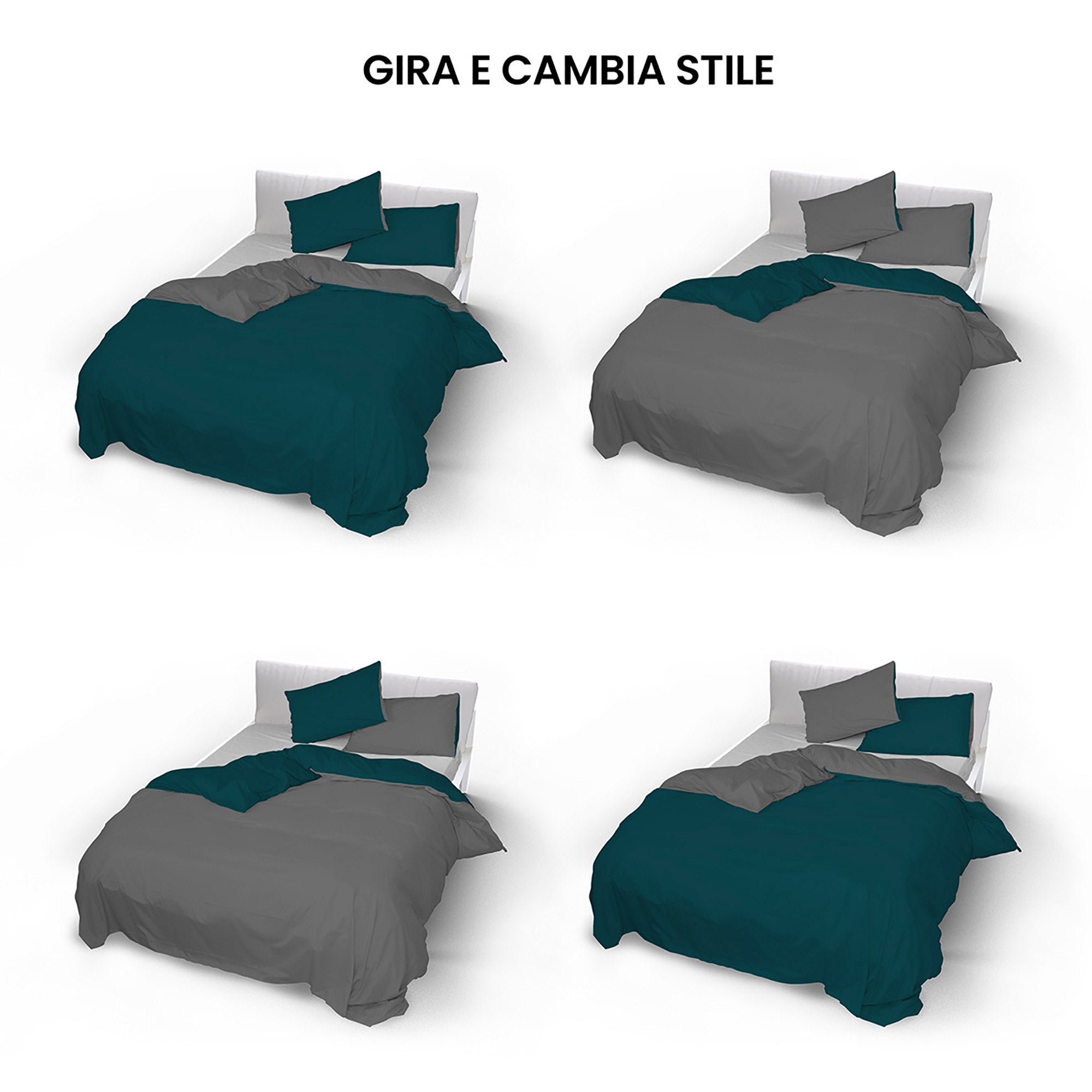 Copripiumino Matrimoniale con Sacco e Federe Doubleface Verde Petrolio/Fumo