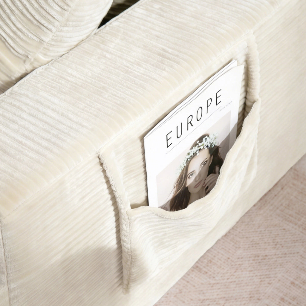 DIVANO in corduroy beige con tasche laterali e cuscini