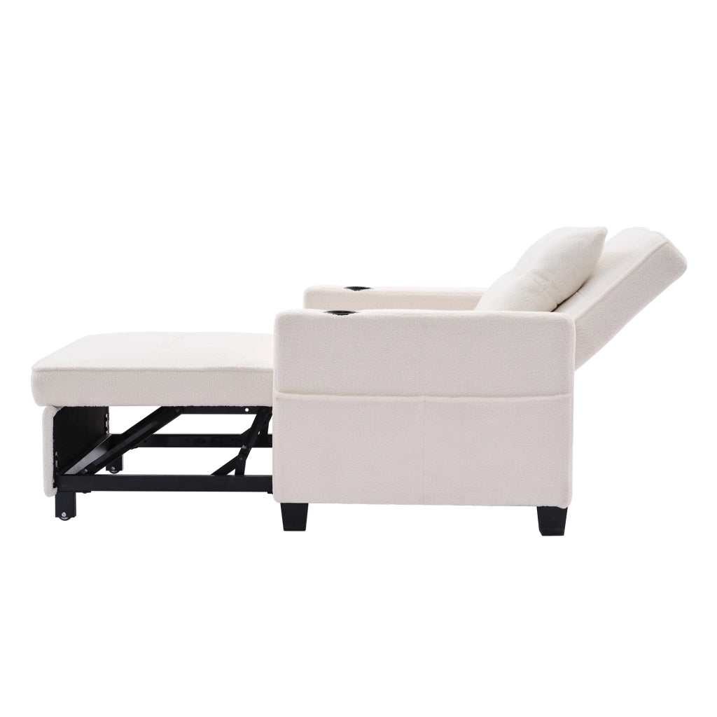 Poltrona convertibile 3 in 1 con schienale reclinabile, portabicchieri, porta USB e tasca, in legno e metallo bianco