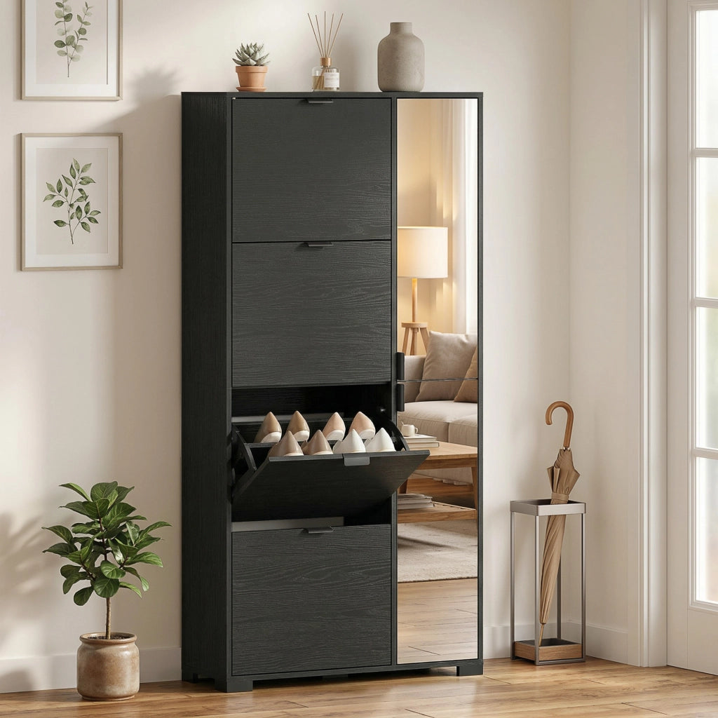 Scarpiera Moderna con Specchio. 4 Cassetti a Ribalta. Capacit¨¤ Fino 16 Paia di Scarpe. Nero