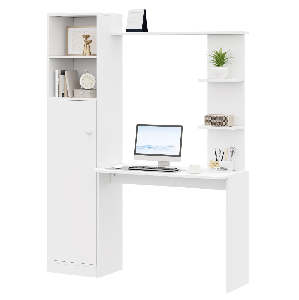 Scrivania 123.5x45x168.5 cm con armadietto e scaffali in MDF bianco