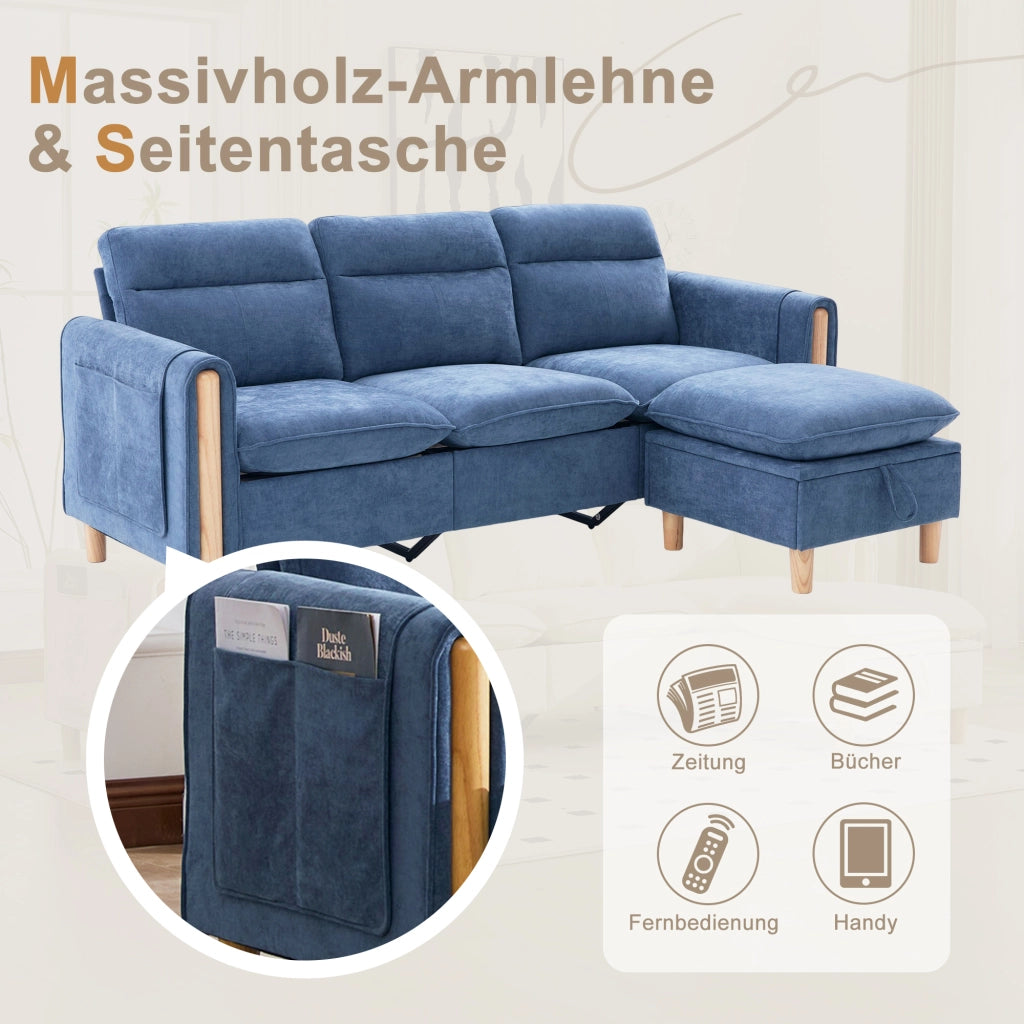 Divano angolare reversibile in chenille con pouf contenitore e tasche laterali in legno massello blu