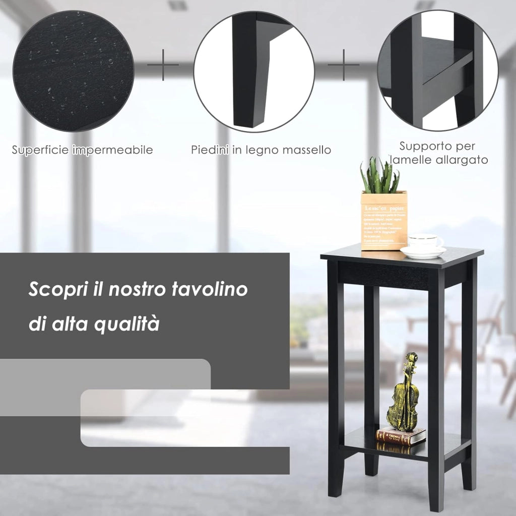 Tavolino da Salotto, Tavolino di Servizio con 2 Livelli e 4 Gambe in Solido Legno, Tavolino da Caffè Rettangolare Stretto per Salone e Camera da Letto, 39,6 x 29,6 x 73,5 cm (Nero)