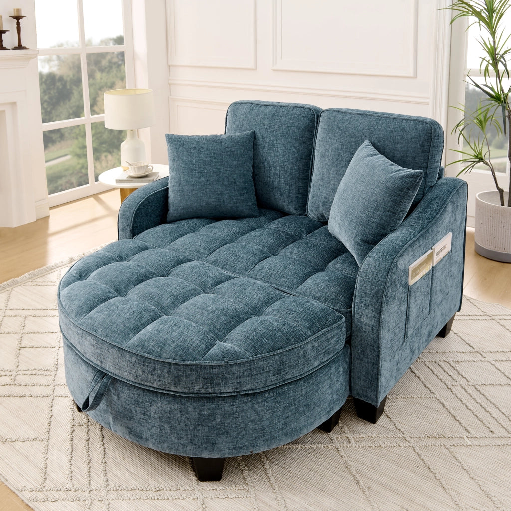 Divano letto multifunzione 2 in 1 con pouf contenitore e tessuto traspirante in eucalipto blu