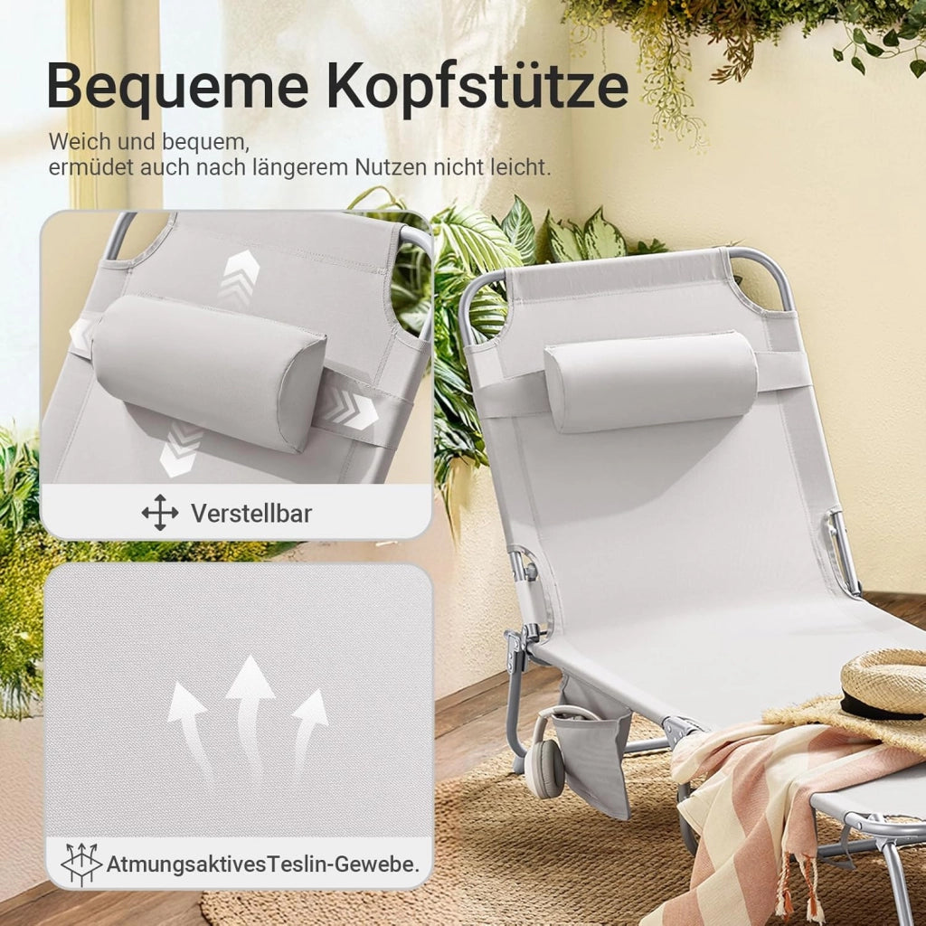 Sdraio da Giardino Reclinabile Lettino Prendisole con Cuscino e Tasca Laterale Sedia Sdraio da Esterno per Patio Campeggio Spiaggia Sdraio Pieghevole da Giardino Beige 155x56x81cm OGS35-MI